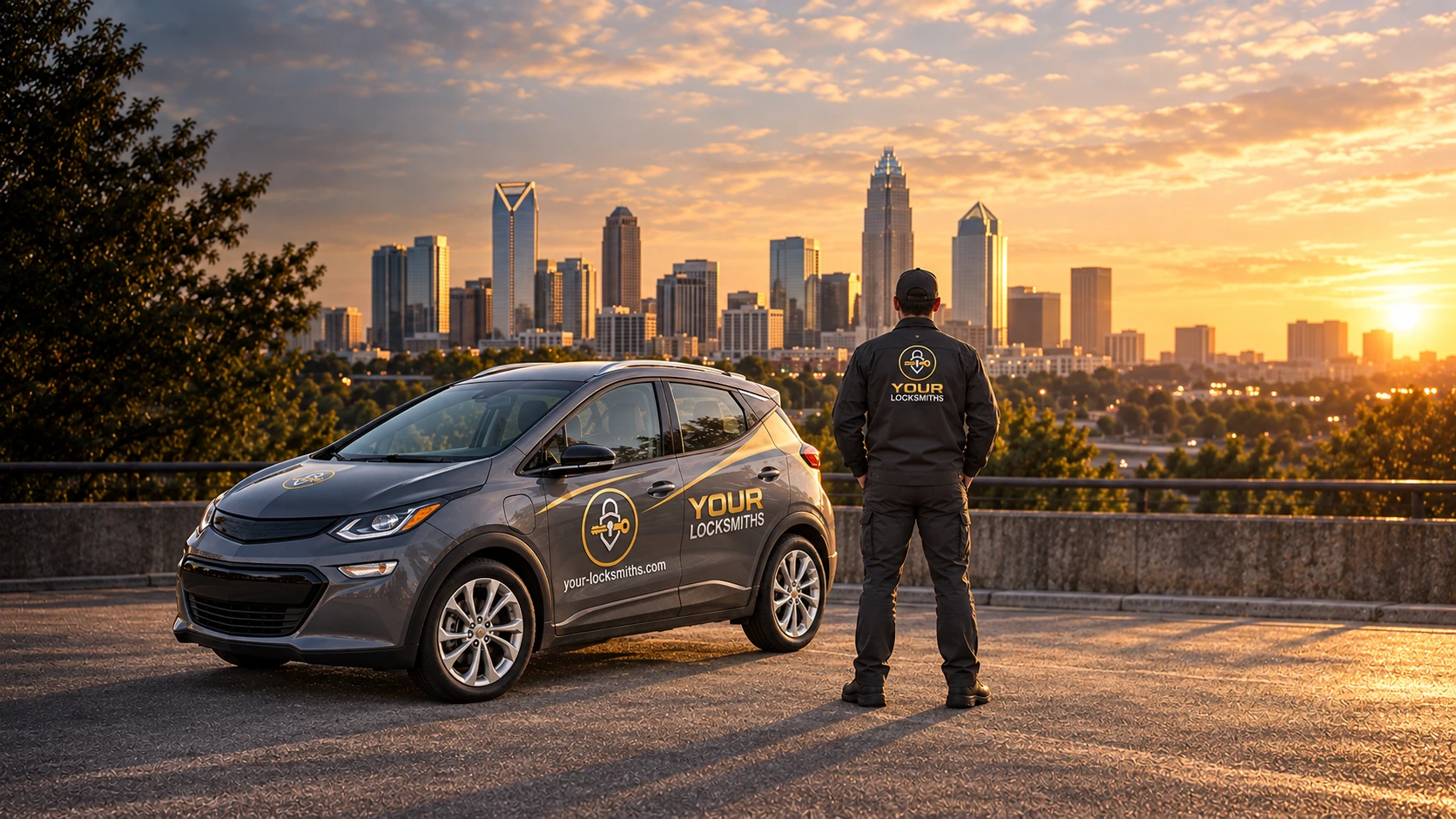 Your Locksmiths service car and technician overlooking Charlotte at sunset